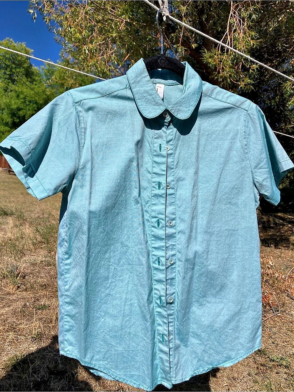 American Apparel Short Sleeve Peter Pan Collar Shirt Blue Small